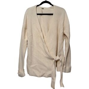 Free People‎ Cream Ribbed Knit Wrap Cardigan Tie Waist Long Sleeve Sweater L